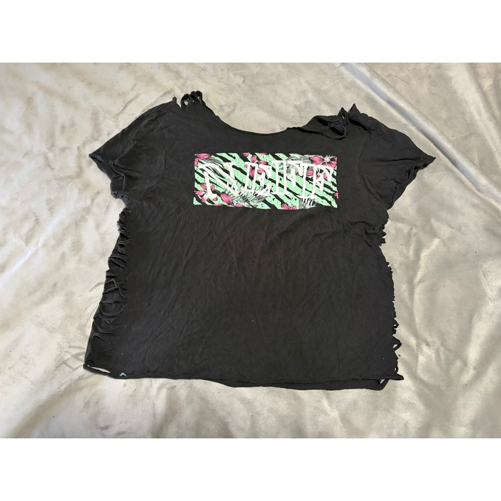 Obey Graphic T-Shirt Black Shredded Distressed Side Cut Out Punk Streetwear Top